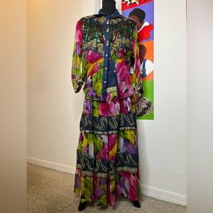 Mix print denim sheer two piece set.